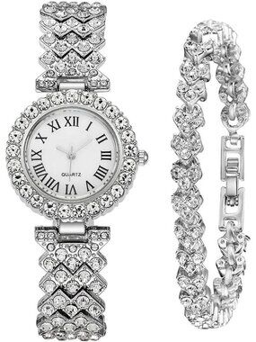 Women's All Silver Analog Fashion Diamond Bangle Bracelet Set Luxury Wrist Watch